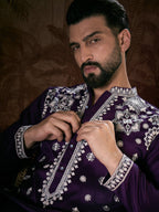 Men Purple Silk Blend Solid Embroidered Straight Kurta-MKU1797
