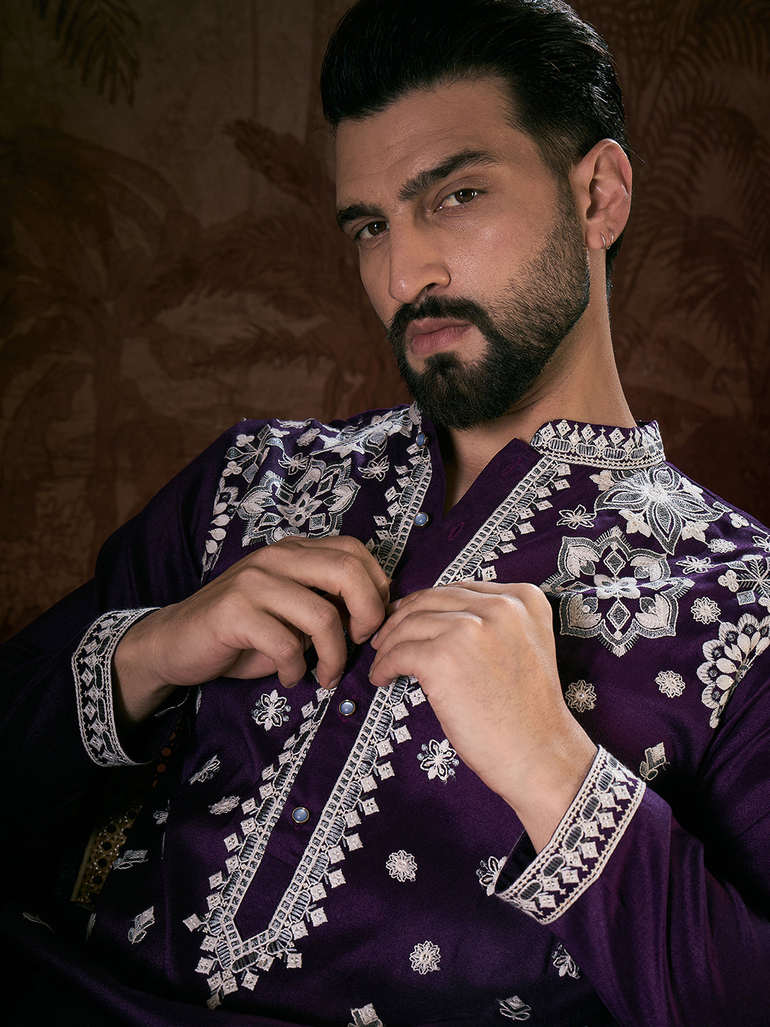 Men Purple Silk Blend Solid Embroidered Straight Kurta-MKU1797
