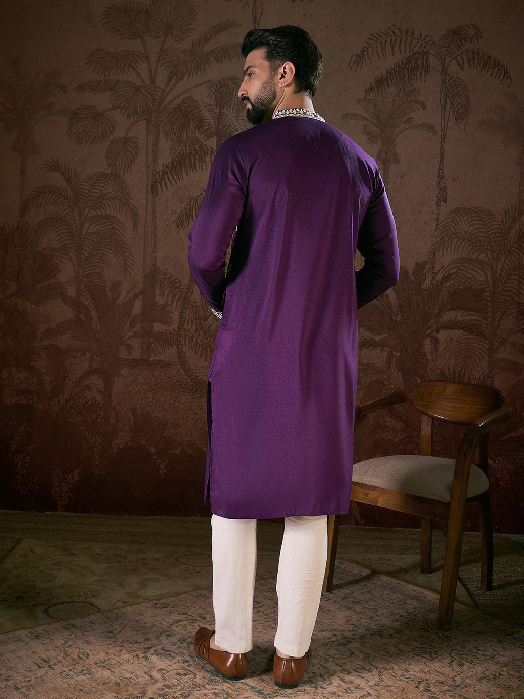 Men Purple Silk Blend Solid Embroidered Straight Kurta-MKU1797
