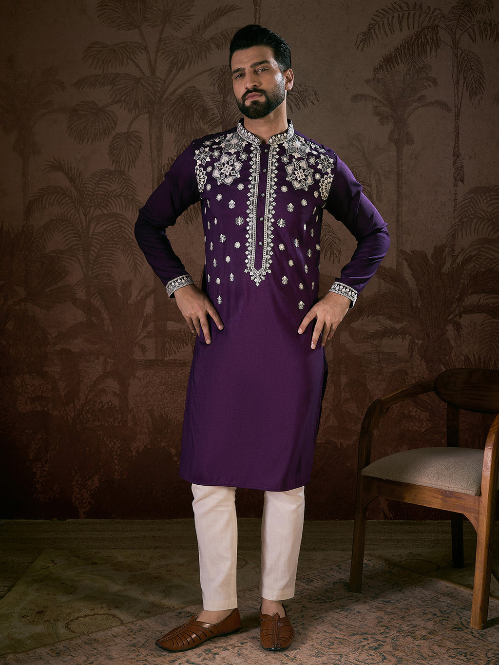 Men Purple Silk Blend Solid Embroidered Straight Kurta-MKU1797