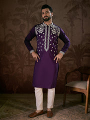Men Purple Silk Blend Solid Embroidered Straight Kurta-MKU1797
