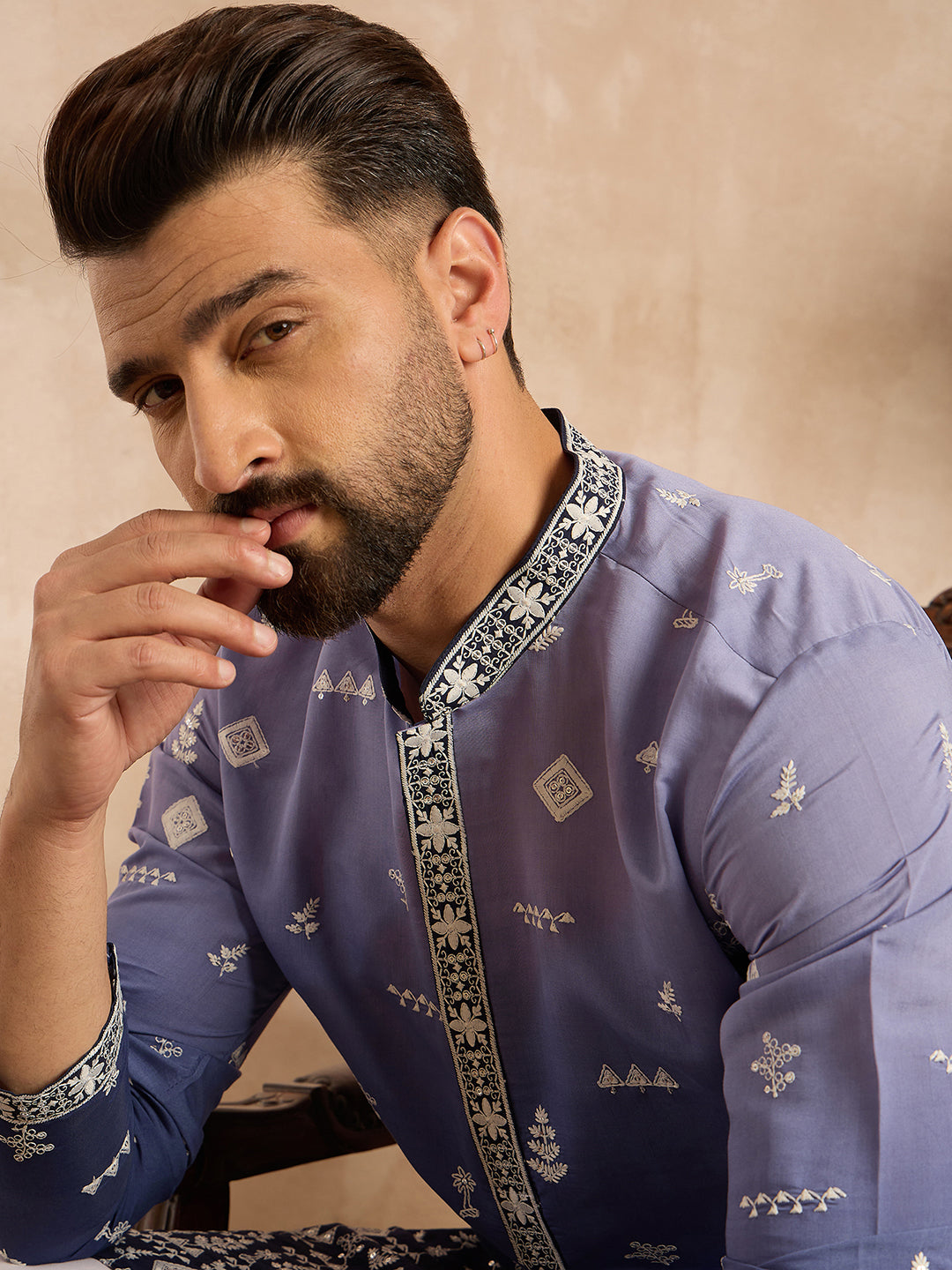 Men Violet Silk Blend Ombre Embroidered Straight Kurta-MKU1798