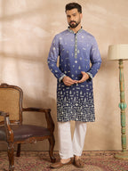 Men Violet Silk Blend Ombre Embroidered Straight Kurta-MKU1798