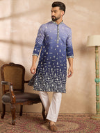 Men Violet Silk Blend Ombre Embroidered Straight Kurta-MKU1798