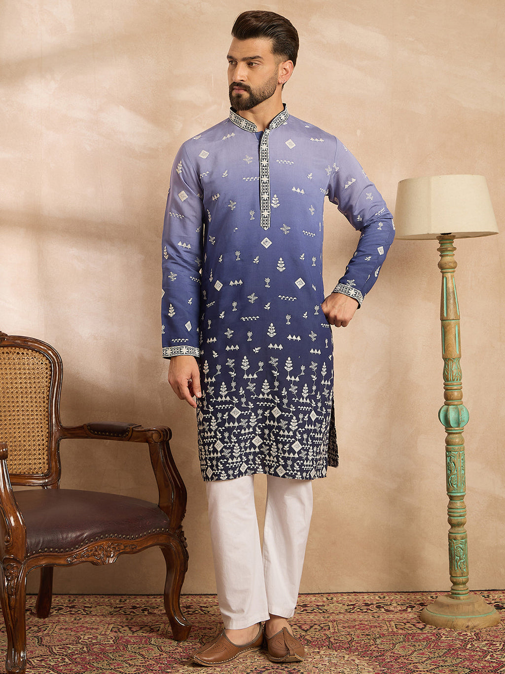 Men Violet Silk Blend Ombre Embroidered Straight Kurta-MKU1798