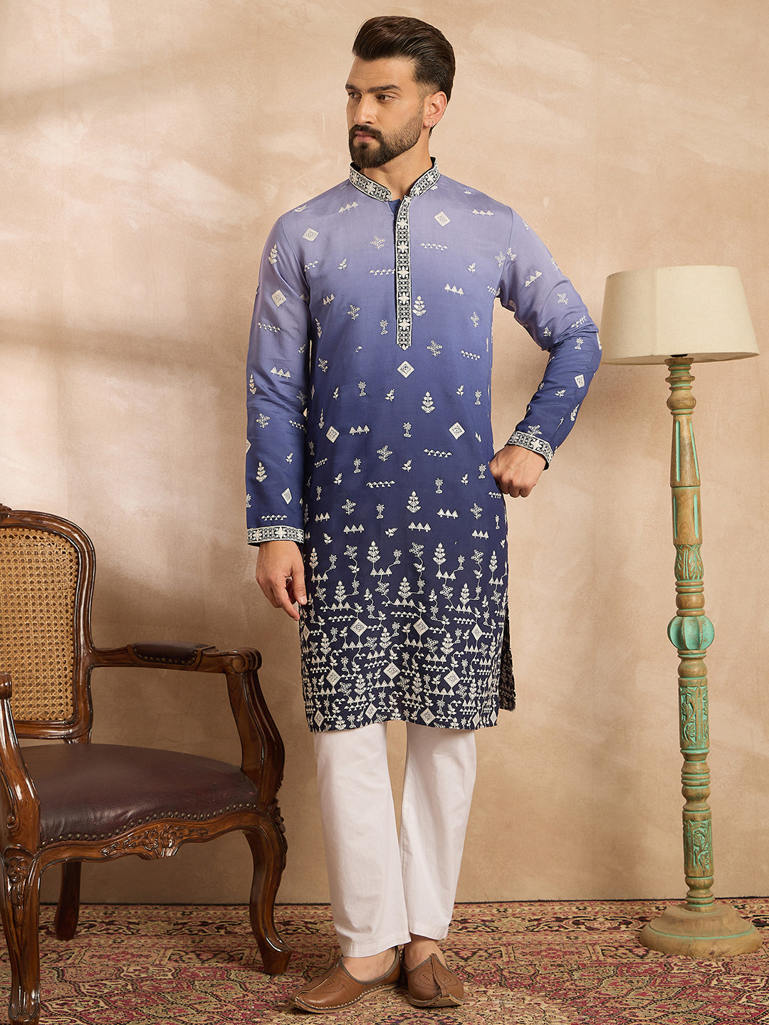 Men Violet Silk Blend Ombre Embroidered Straight Kurta-MKU1798