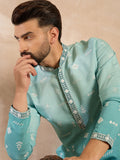 Men Teal Silk Blend Ombre Embroidered Straight Kurta-MKU1799