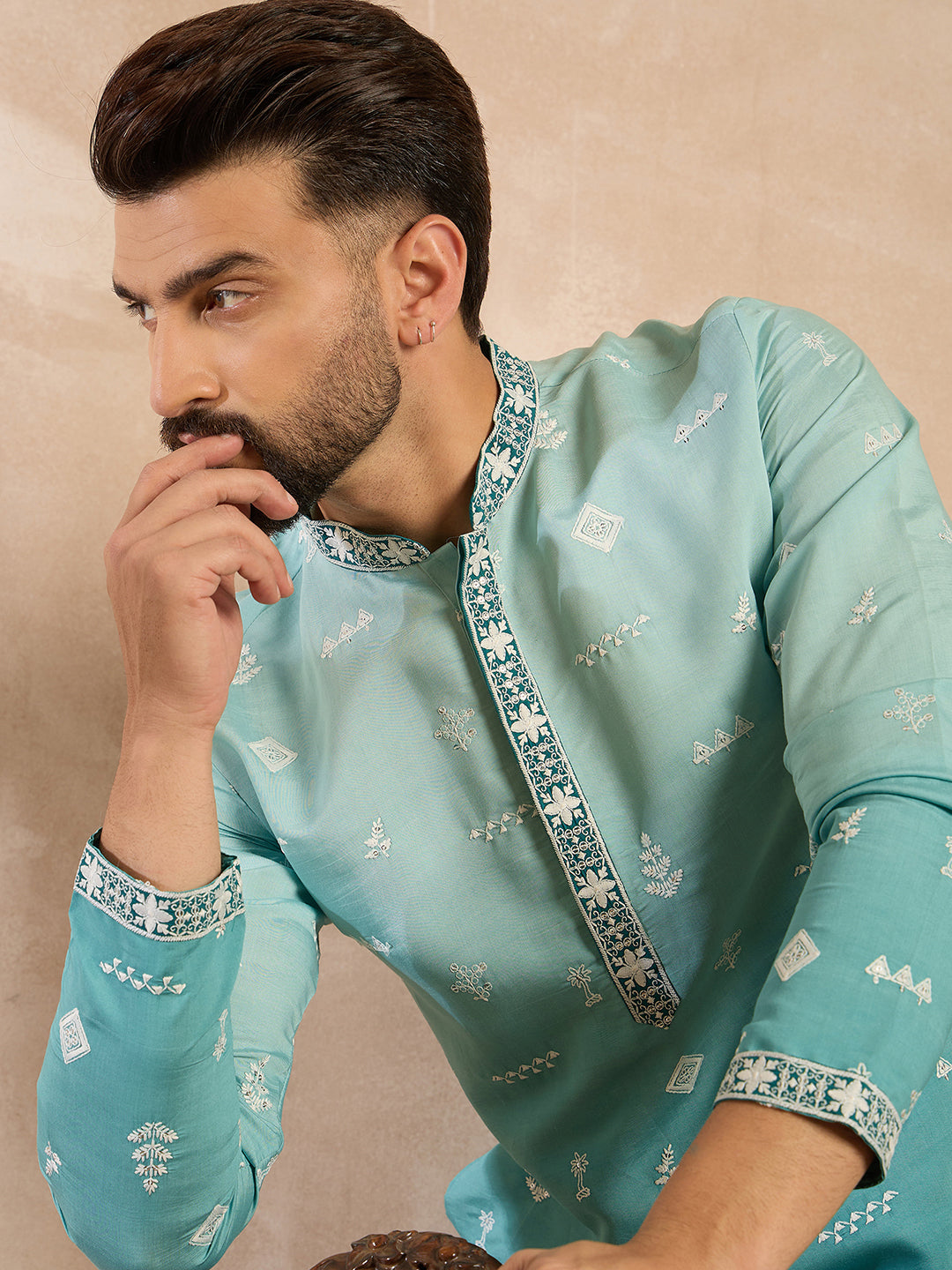 Men Teal Silk Blend Ombre Embroidered Straight Kurta-MKU1799