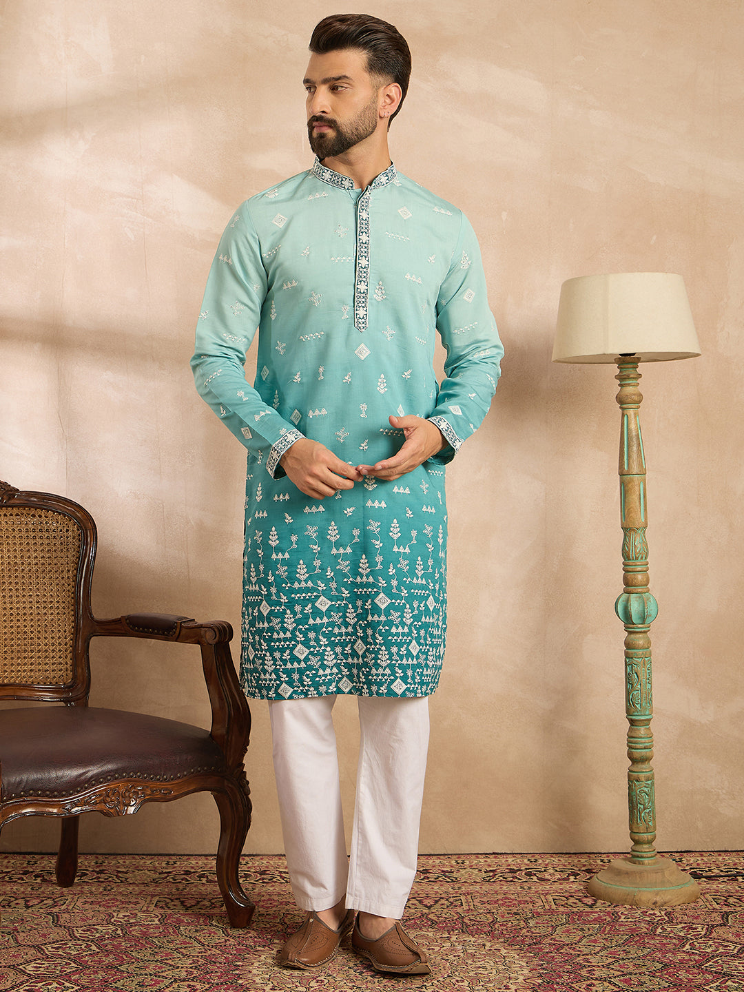 Men Teal Silk Blend Ombre Embroidered Straight Kurta-MKU1799
