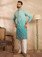 Men Teal Silk Blend Ombre Embroidered Straight Kurta-MKU1799