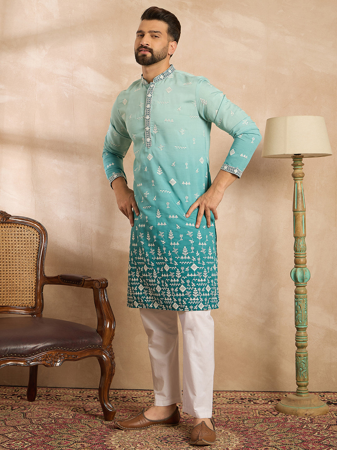 Men Teal Silk Blend Ombre Embroidered Straight Kurta-MKU1799