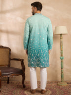 Men Teal Silk Blend Ombre Embroidered Straight Kurta-MKU1799