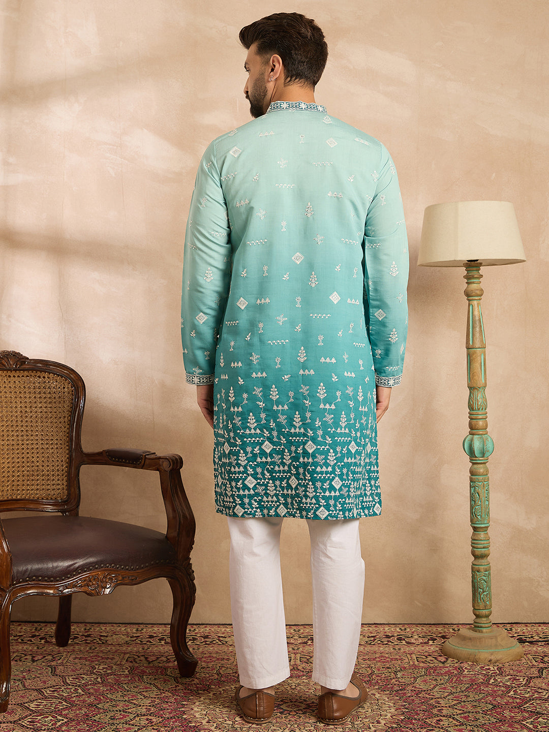 Men Teal Silk Blend Ombre Embroidered Straight Kurta-MKU1799