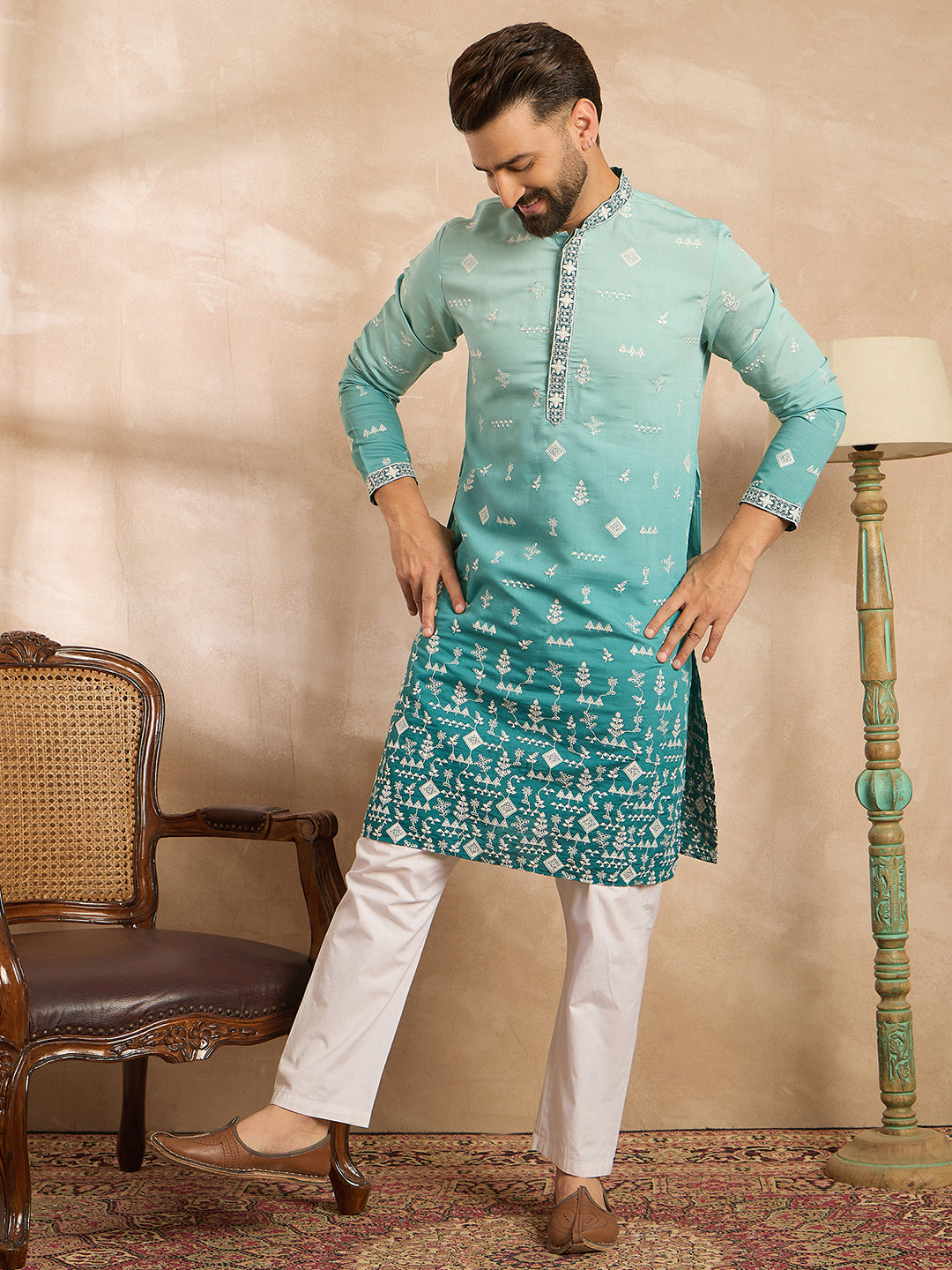 Men Teal Silk Blend Ombre Embroidered Straight Kurta-MKU1799