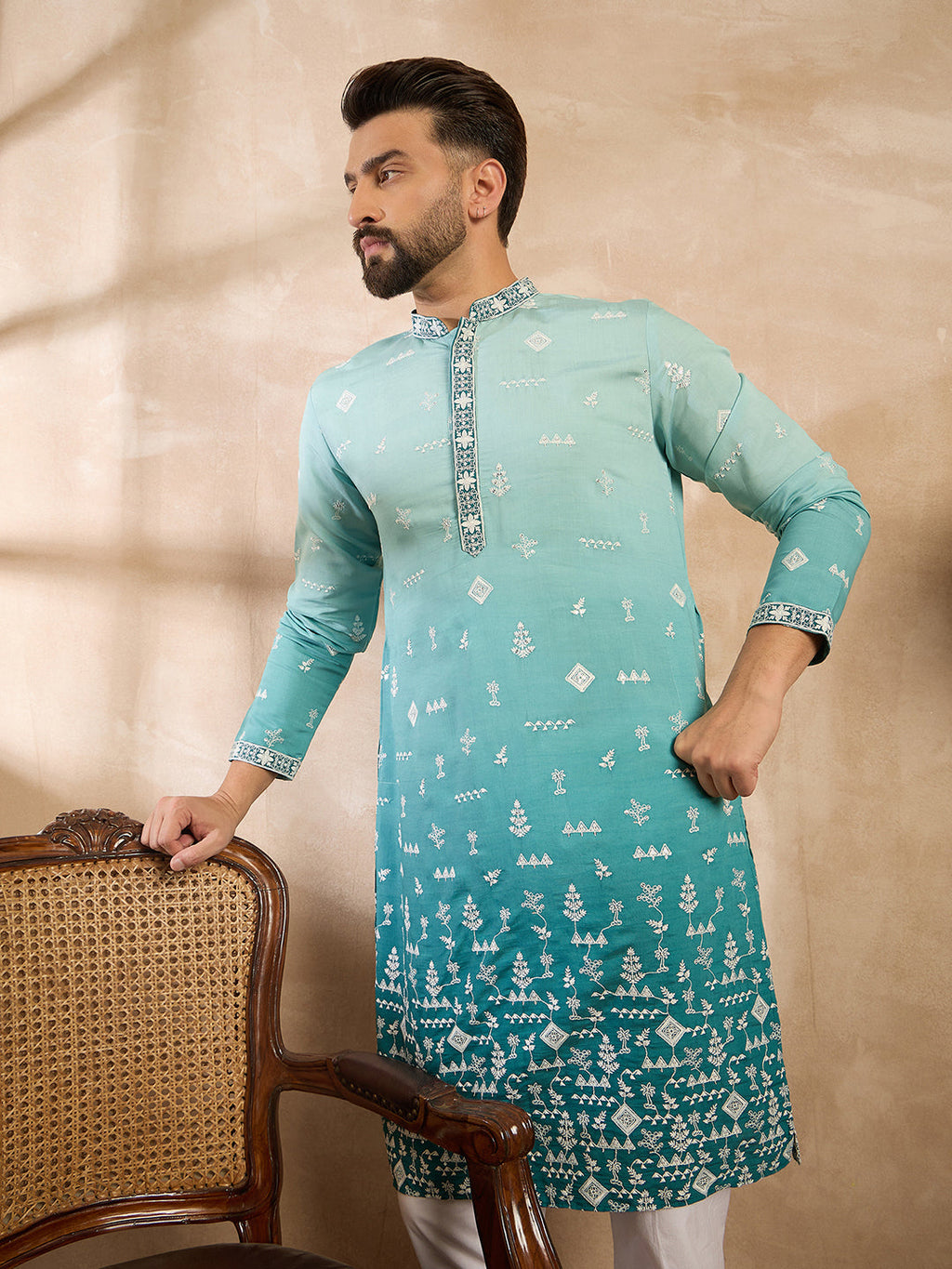Men Teal Silk Blend Ombre Embroidered Straight Kurta-MKU1799