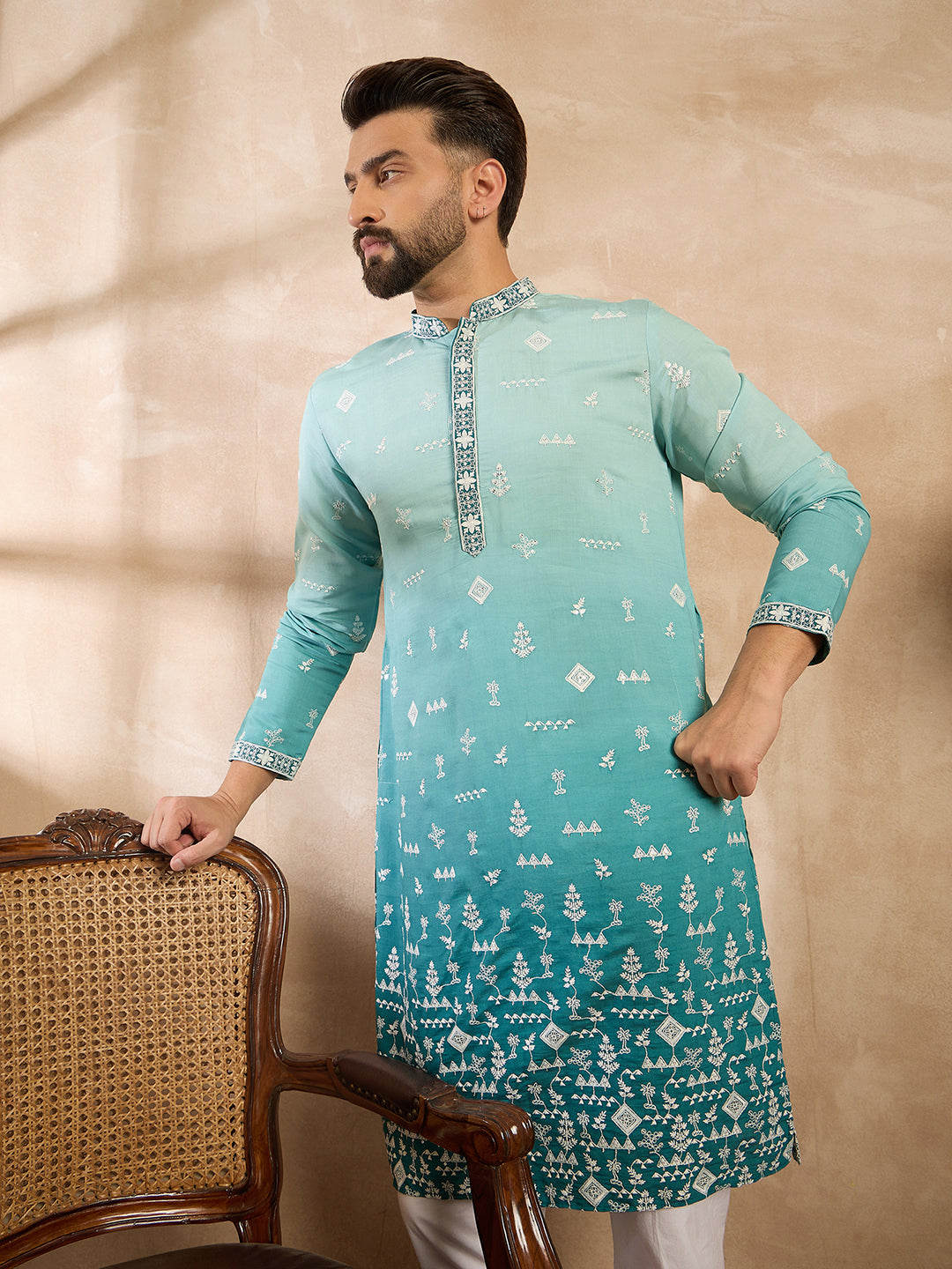 Men Teal Silk Blend Ombre Embroidered Straight Kurta-MKU1799