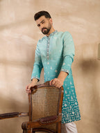 Men Teal Silk Blend Ombre Embroidered Straight Kurta-MKU1799