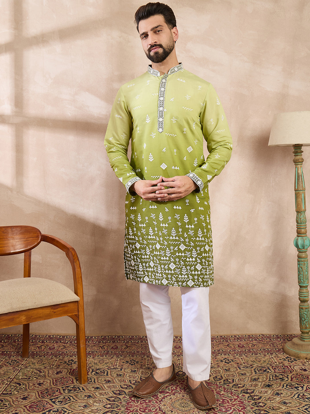 Men Green Silk Blend Ethnic Motifs Embroidered Straight Kurta-MKU1800
