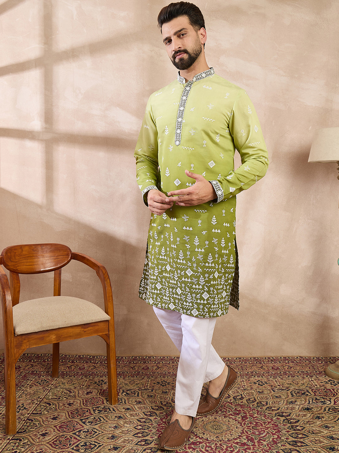 Men Green Silk Blend Ethnic Motifs Embroidered Straight Kurta-MKU1800