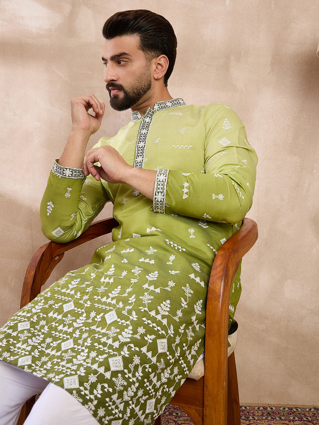 Men Green Silk Blend Ethnic Motifs Embroidered Straight Kurta-MKU1800