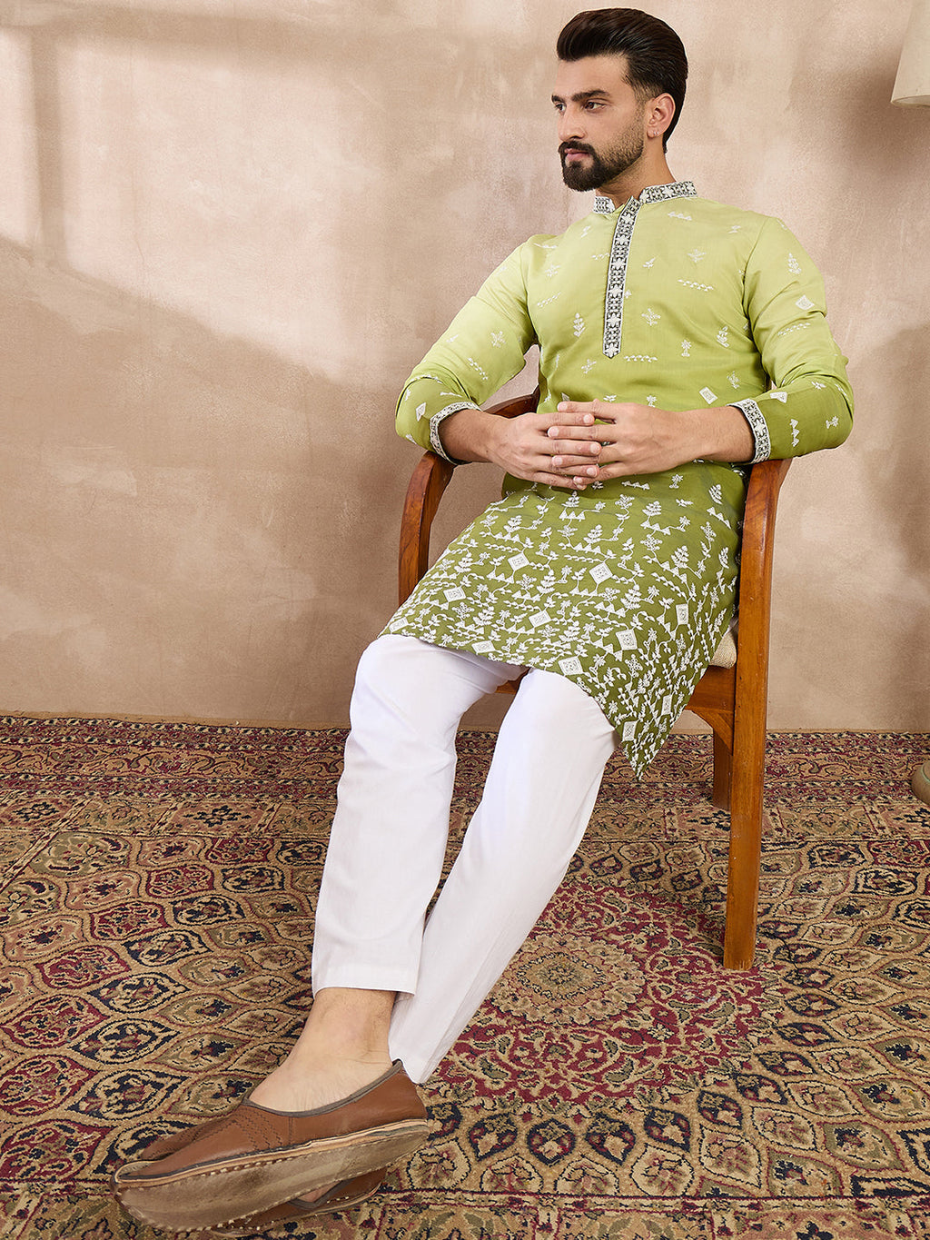 Men Green Silk Blend Ethnic Motifs Embroidered Straight Kurta-MKU1800