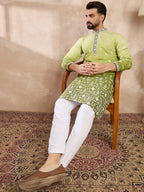 Men Green Silk Blend Ethnic Motifs Embroidered Straight Kurta-MKU1800