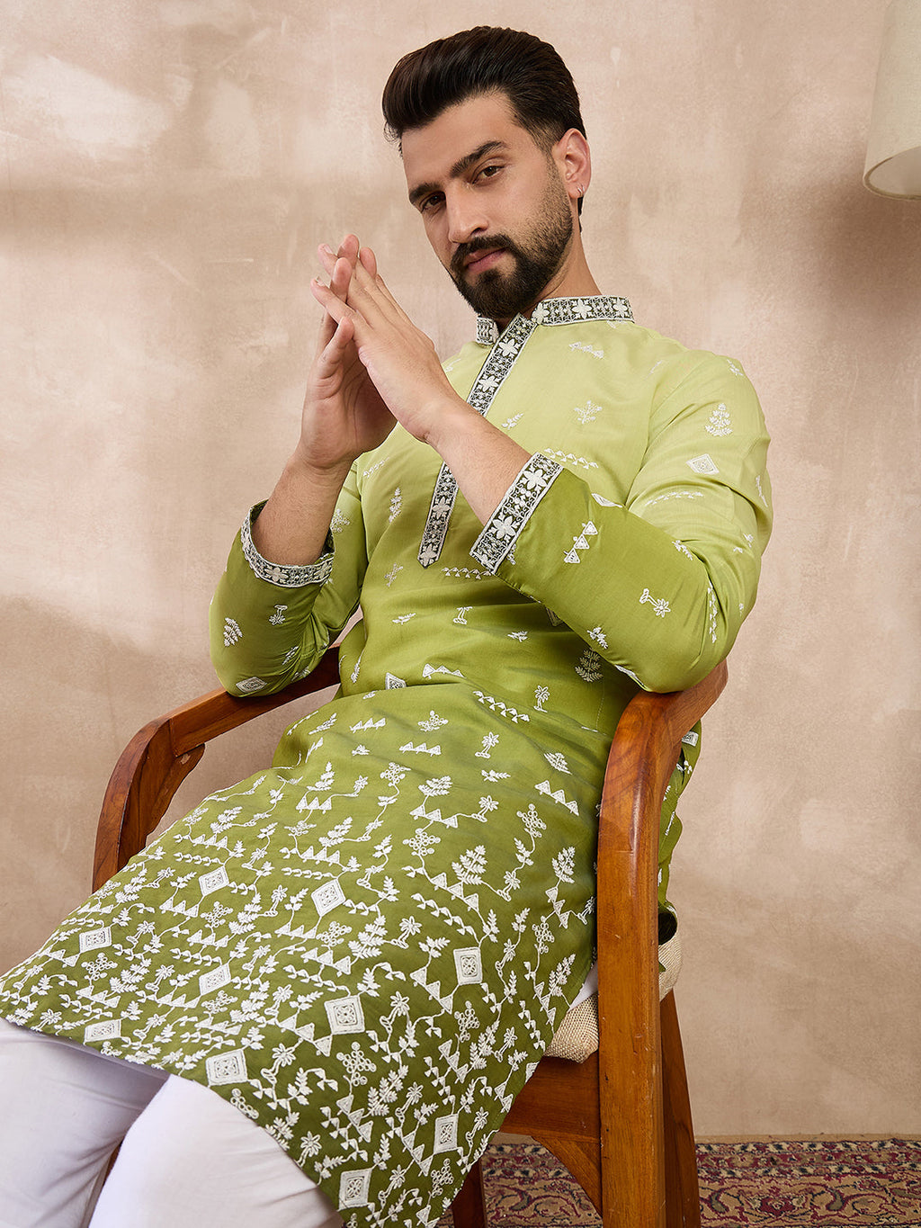 Men Green Silk Blend Ethnic Motifs Embroidered Straight Kurta-MKU1800