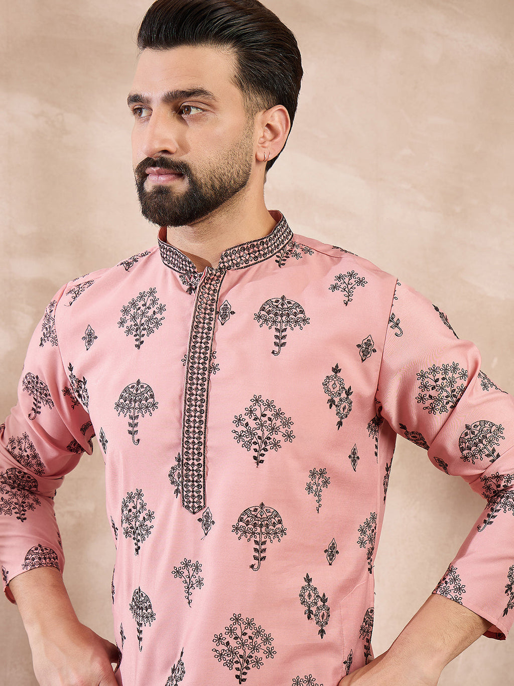 Men Peach Silk Blend Solid Embroidered Straight Kurta-MKU1804
