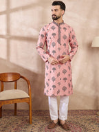 Men Peach Silk Blend Solid Embroidered Straight Kurta-MKU1804