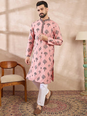 Men Peach Silk Blend Solid Embroidered Straight Kurta-MKU1804