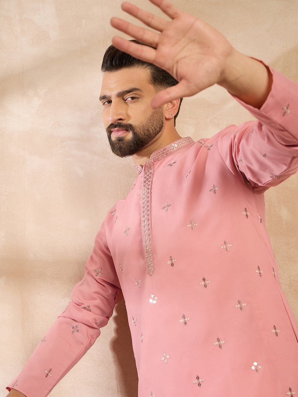 Men Peach Silk Blend Solid Embroidered Straight Kurta-MKU1807
