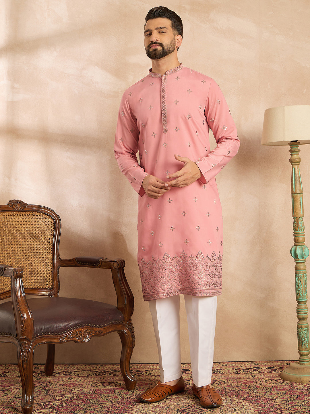Men Peach Silk Blend Solid Embroidered Straight Kurta-MKU1807