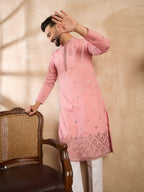 Men Peach Silk Blend Solid Embroidered Straight Kurta-MKU1807