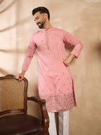Men Peach Silk Blend Solid Embroidered Straight Kurta-MKU1807