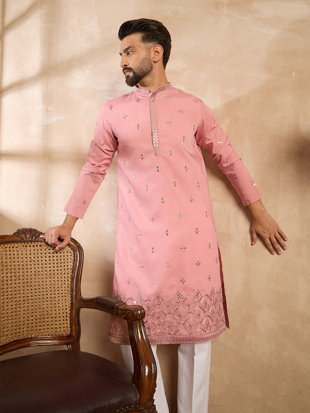 Men Peach Silk Blend Solid Embroidered Straight Kurta-MKU1807