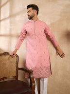 Men Peach Silk Blend Solid Embroidered Straight Kurta-MKU1807