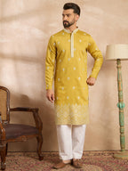 Men Yellow Polyester Solid Embroidered Straight Kurta-MKU1809