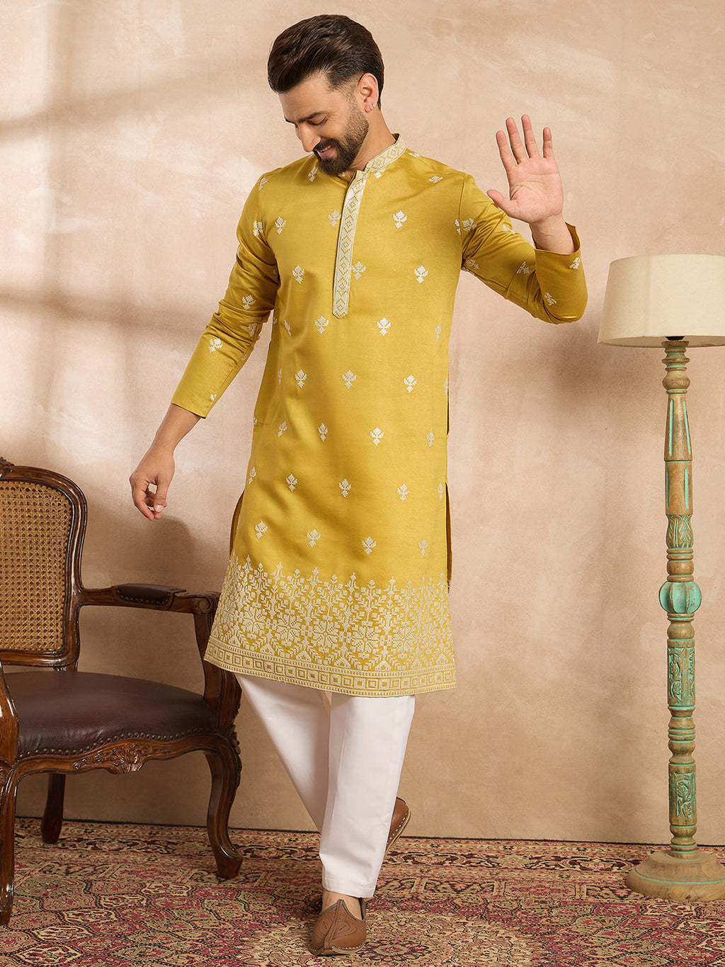 Men Yellow Polyester Solid Embroidered Straight Kurta-MKU1809