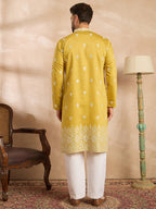Men Yellow Polyester Solid Embroidered Straight Kurta-MKU1809