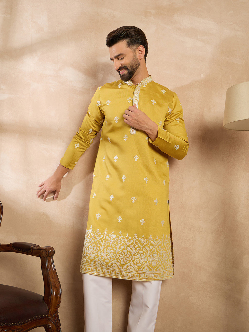 Men Yellow Polyester Solid Embroidered Straight Kurta-MKU1809