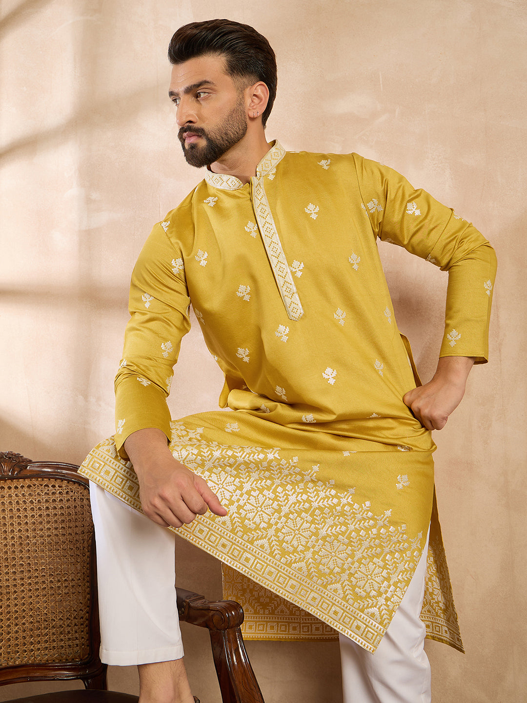 Men Yellow Polyester Solid Embroidered Straight Kurta-MKU1809