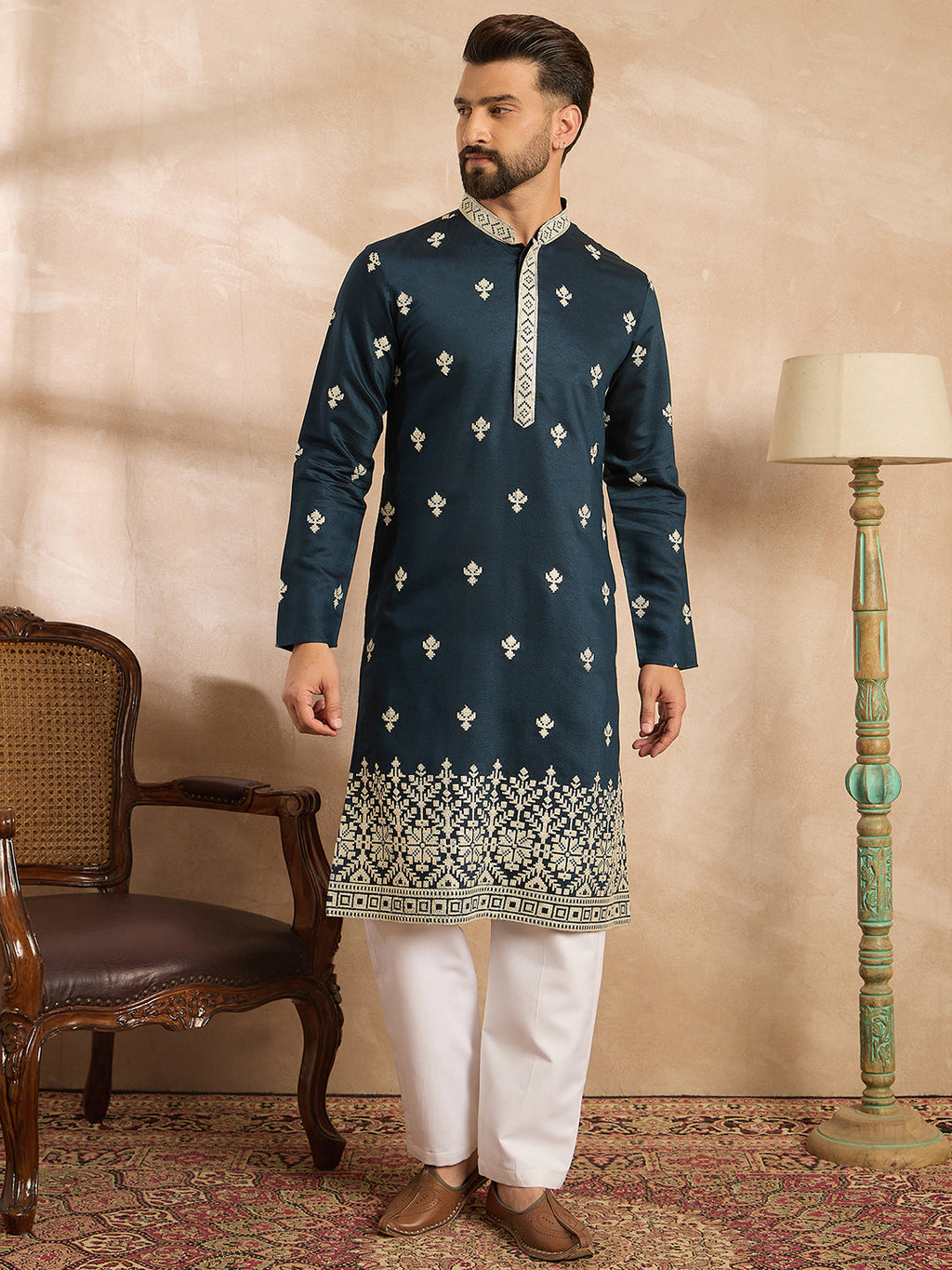 Men Navy Blue Polyester Solid Embroidered Straight Kurta-MKU1810