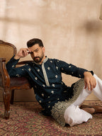 Men Navy Blue Polyester Solid Embroidered Straight Kurta-MKU1810