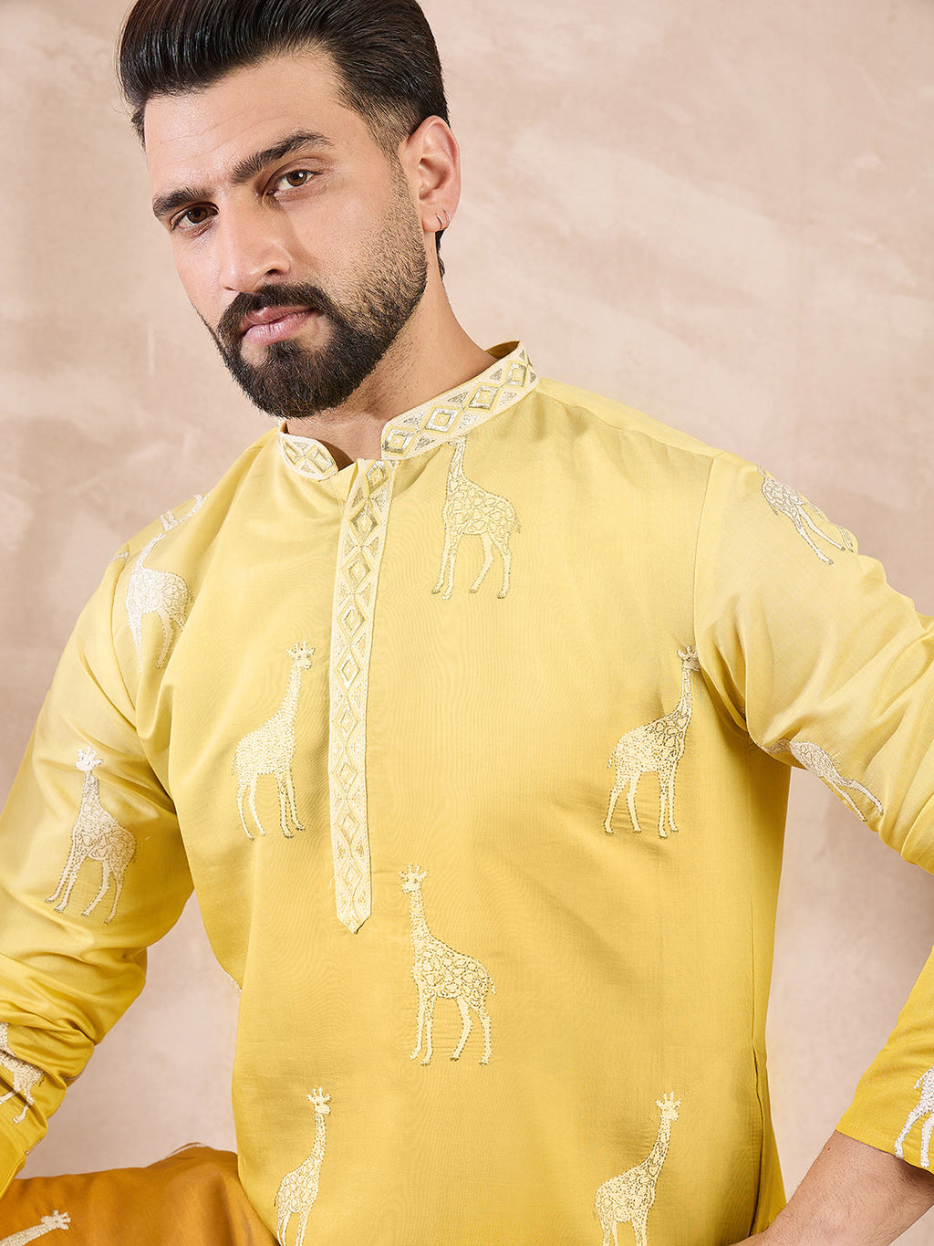 Men Yellow Silk Blend Ethnic Motifs Embroidered Straight Kurta-MKU1812