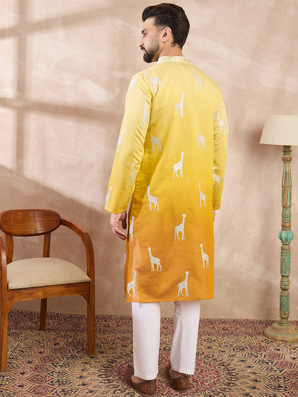 Men Yellow Silk Blend Ethnic Motifs Embroidered Straight Kurta-MKU1812