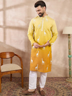 Men Yellow Silk Blend Ethnic Motifs Embroidered Straight Kurta-MKU1812