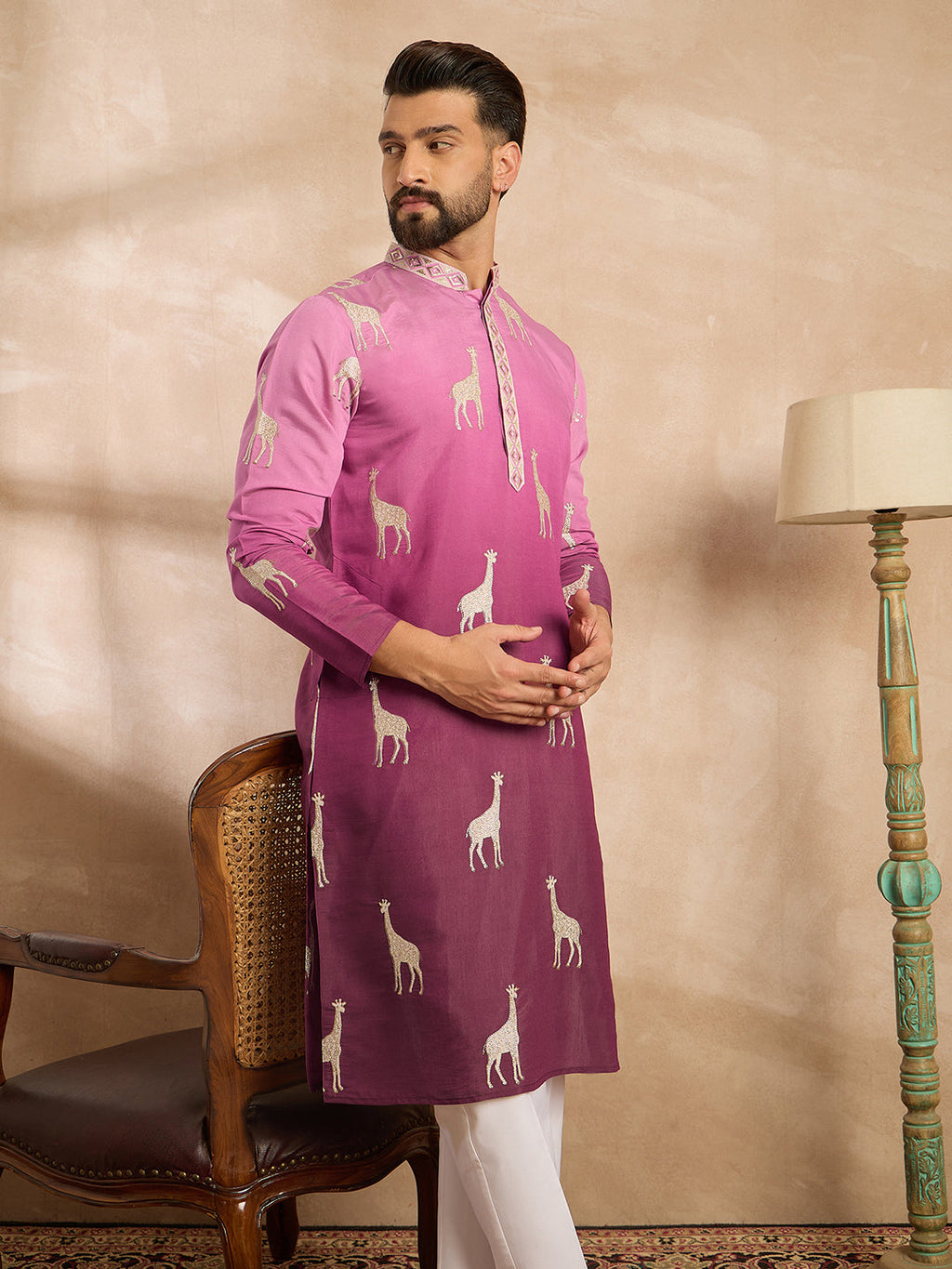 Men Purple Silk Blend Ombre Embroidered Straight Kurta-MKU1813
