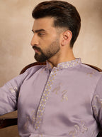Men Lavender Silk Blend Solid Embroidered Straight Kurta-MKU1815