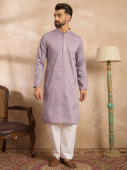 Men Lavender Silk Blend Solid Embroidered Straight Kurta-MKU1815
