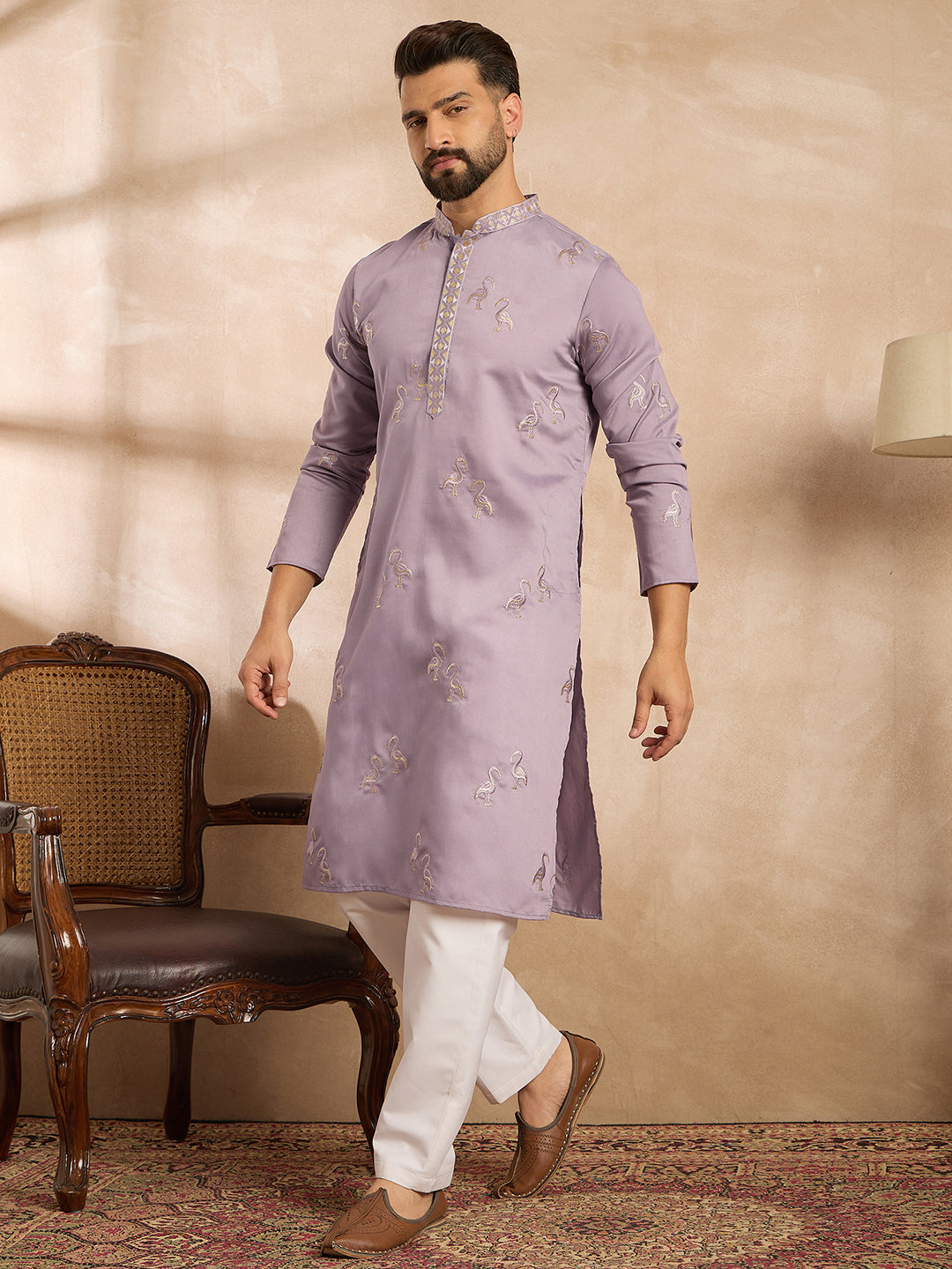 Men Lavender Silk Blend Solid Embroidered Straight Kurta-MKU1815